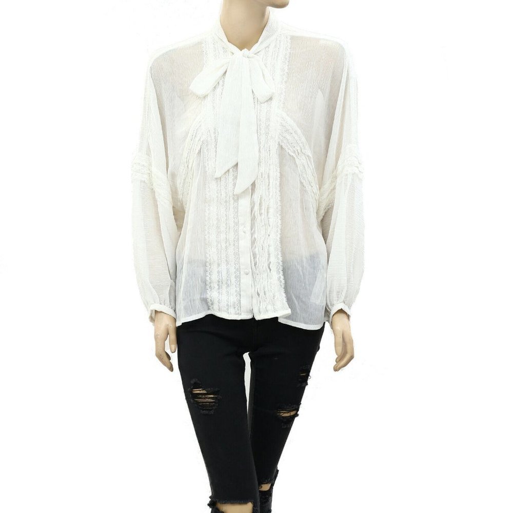 Uterque Lace Buttondown White Shirt Blouse Top Kimono Workwear Tie S NWT
